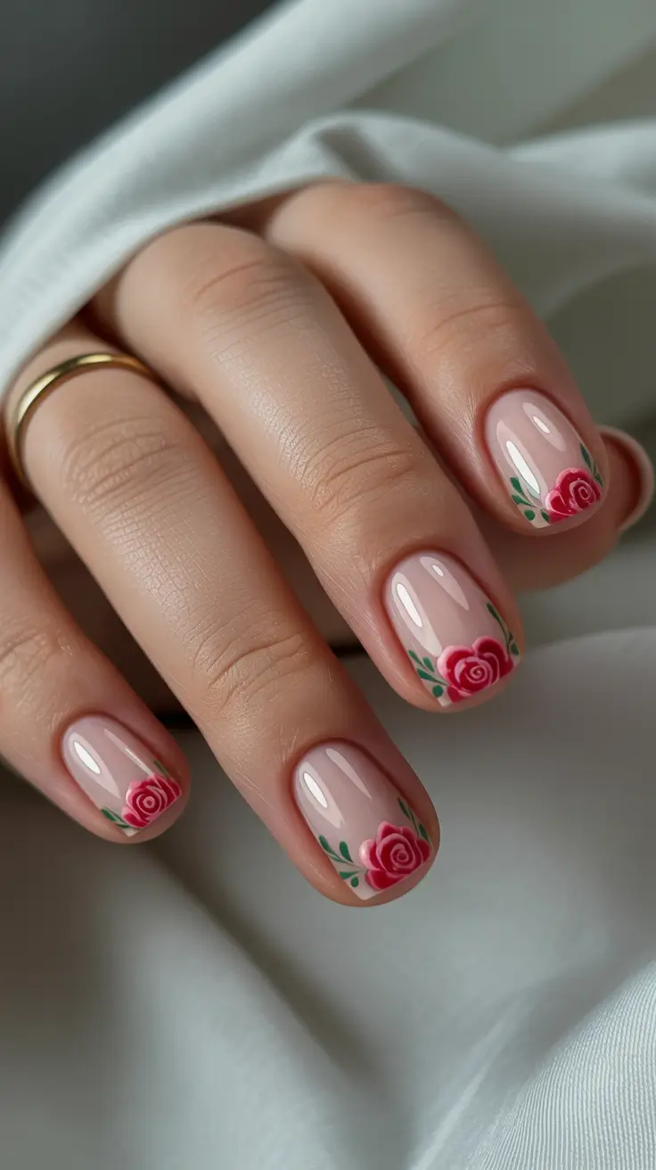 summer short nail inspo 2026 Delicate Floral Details on a Glossy Nude Base