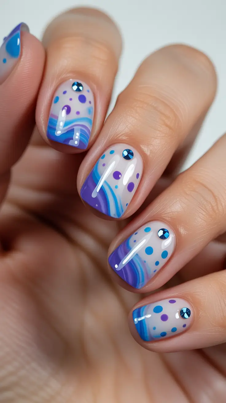 summer short nail inspo 2026 Blue Abstract Waves with Playful Dot Accents