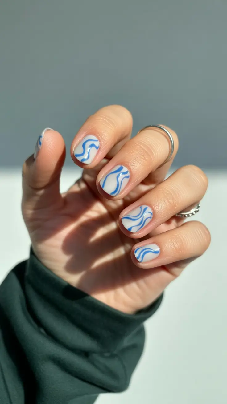 summer short nail inspo 2026 Soft Blue Wave Lines on a Milky Base