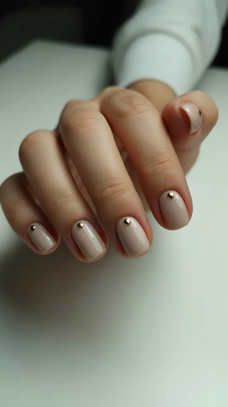 summer short nail inspo 2026 Soft Nude Minimalism with Gold Stud Accents