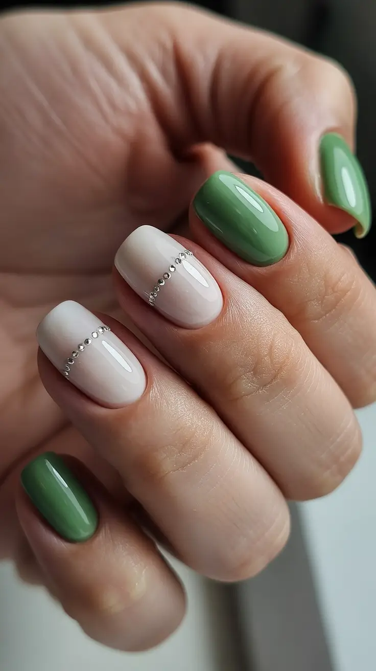 summer short nail inspo 2026 Fresh Green and White Combo with Delicate Crystal Lines