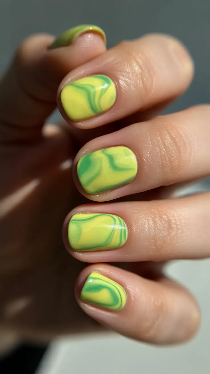 summer short nail inspo 2026 Swirled Yellow and Green for a Playful Summer Twist