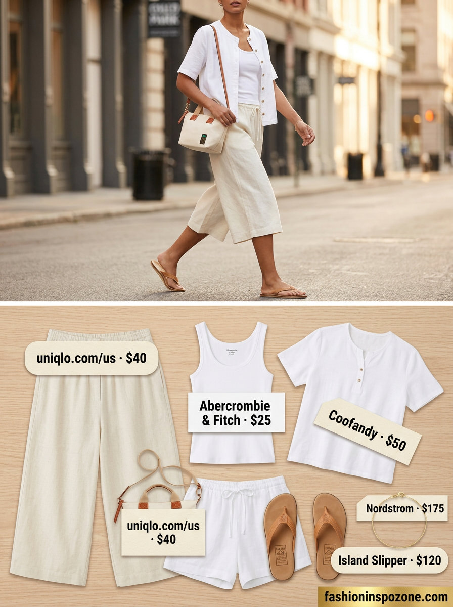 Casual all white linen summer outfits for women 2026: Linen culottes, tank top, flat sandals, canvas crossbody.