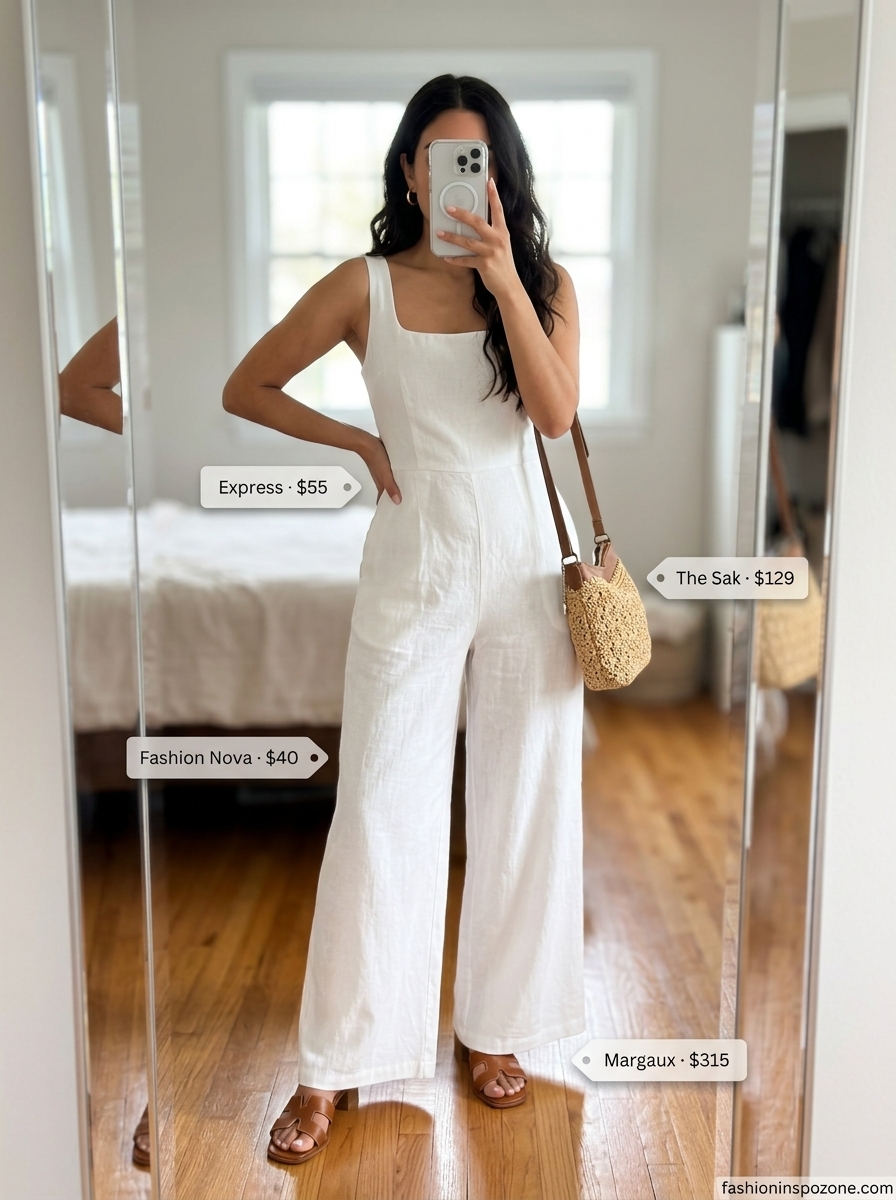 Effortless all white linen summer outfits for women 2026: Wide-leg linen jumpsuit, block heel sandals, straw bag.