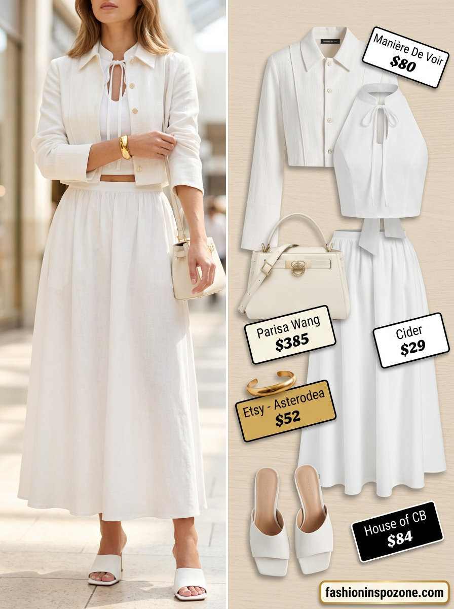 Sophisticated all white linen summer outfits for women 2026: Linen set, heeled mules, top-handle bag, gold cuff.