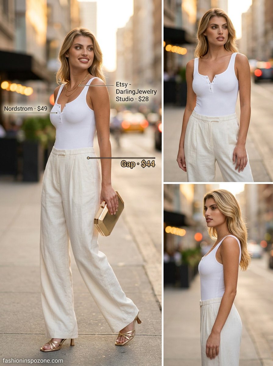 Sophisticated white linen trousers outfit for women 2026, ideal for evening events.