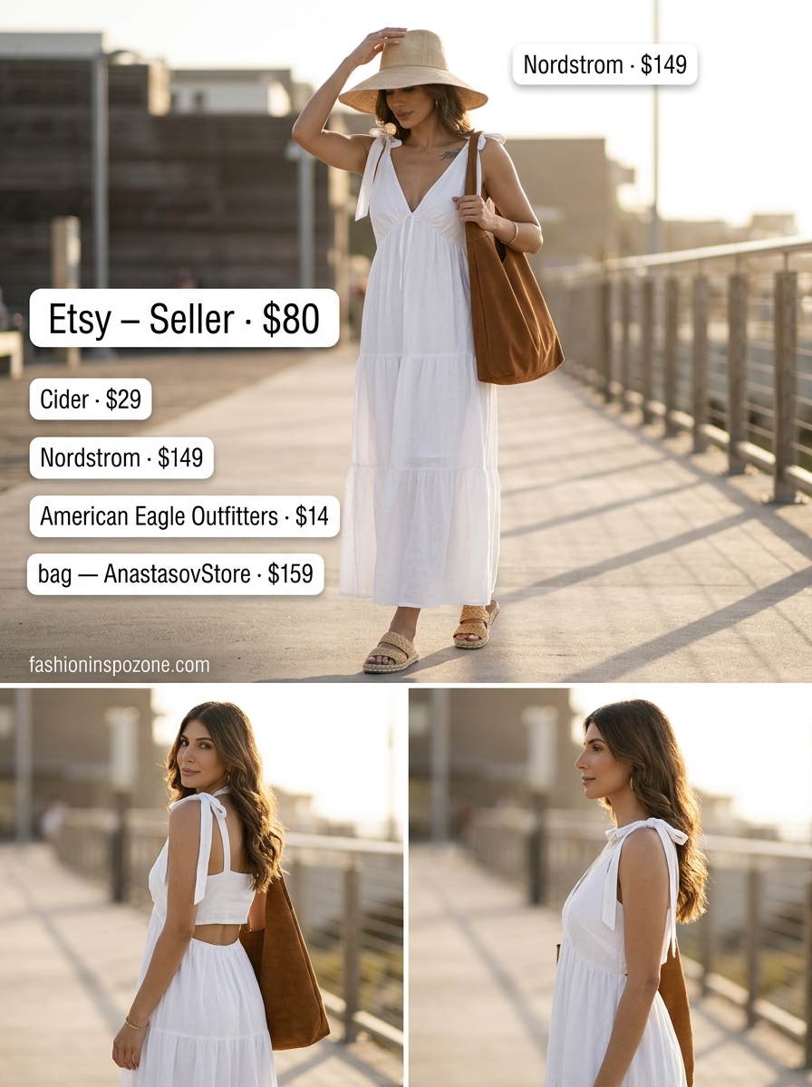 Flowy white linen maxi dress outfit for women 2026, perfect for beach walks and travel.