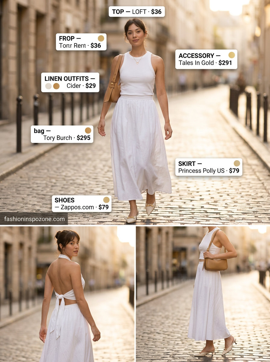 Elegant all white linen summer outfits for women 2026: Midi skirt, knit tank, heeled mules, gold pendant.