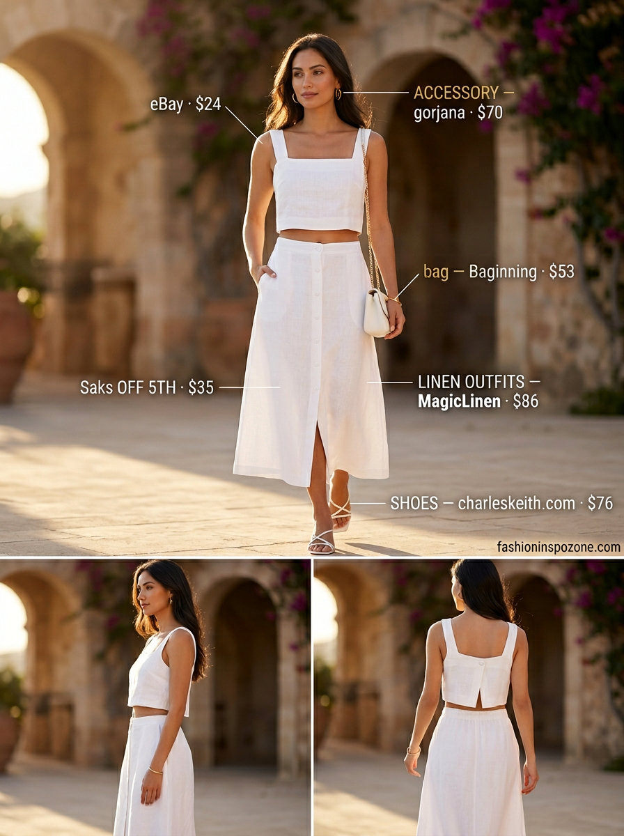 Monochromatic white linen outfits for women 2026, a chic skirt and tank for summer evenings.