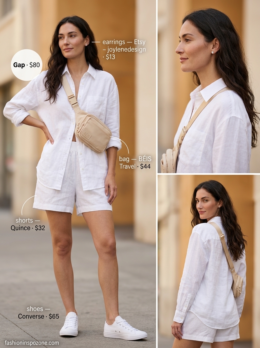 Casual white linen outfits for women 2026: oversized shirt with linen shorts for errands.
