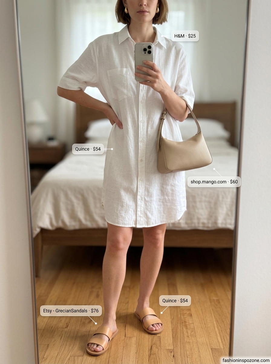 Minimalist all white linen summer outfits for women 2026: Linen shirt dress, slide sandals, crossbody bag, gold earrings.