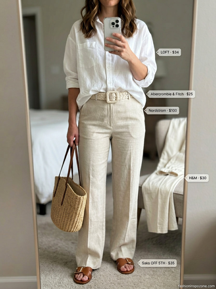Relaxed white linen outfits for women 2026: oversized shirt with wide-leg trousers for travel.
