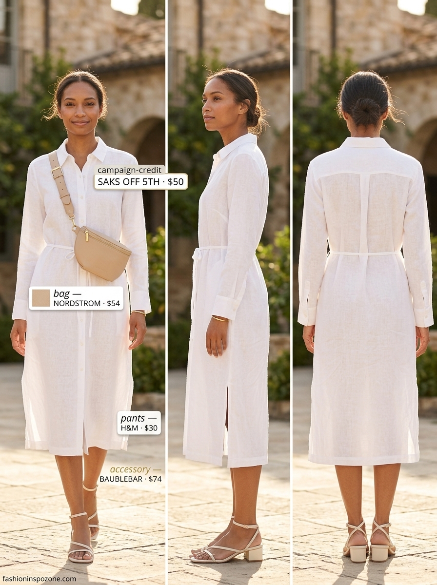 Chic white linen shirtdress outfit for women 2026, perfect for office casual or lunch dates.