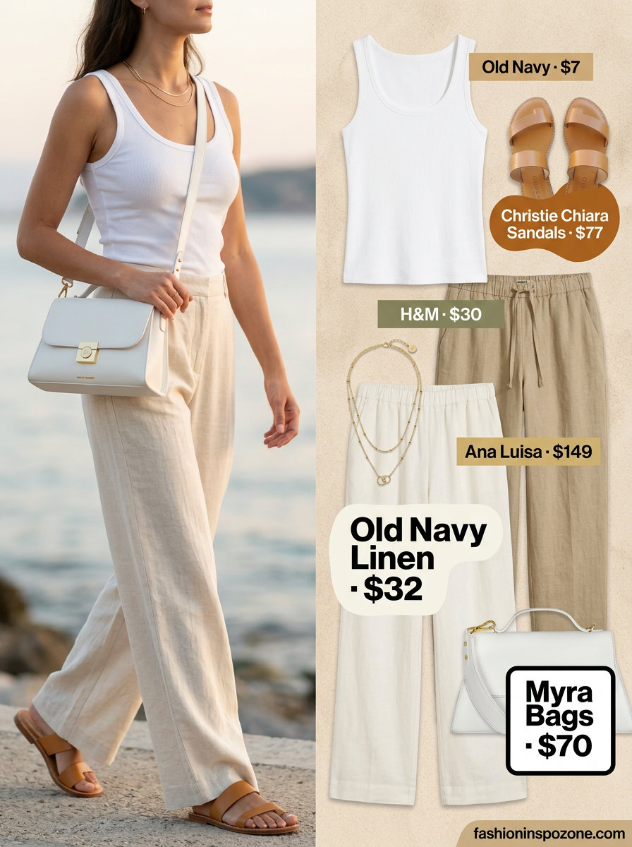 Chic all white linen summer outfits for women 2026: Wide-leg pants, ribbed tank, layered necklaces, leather sandals.
