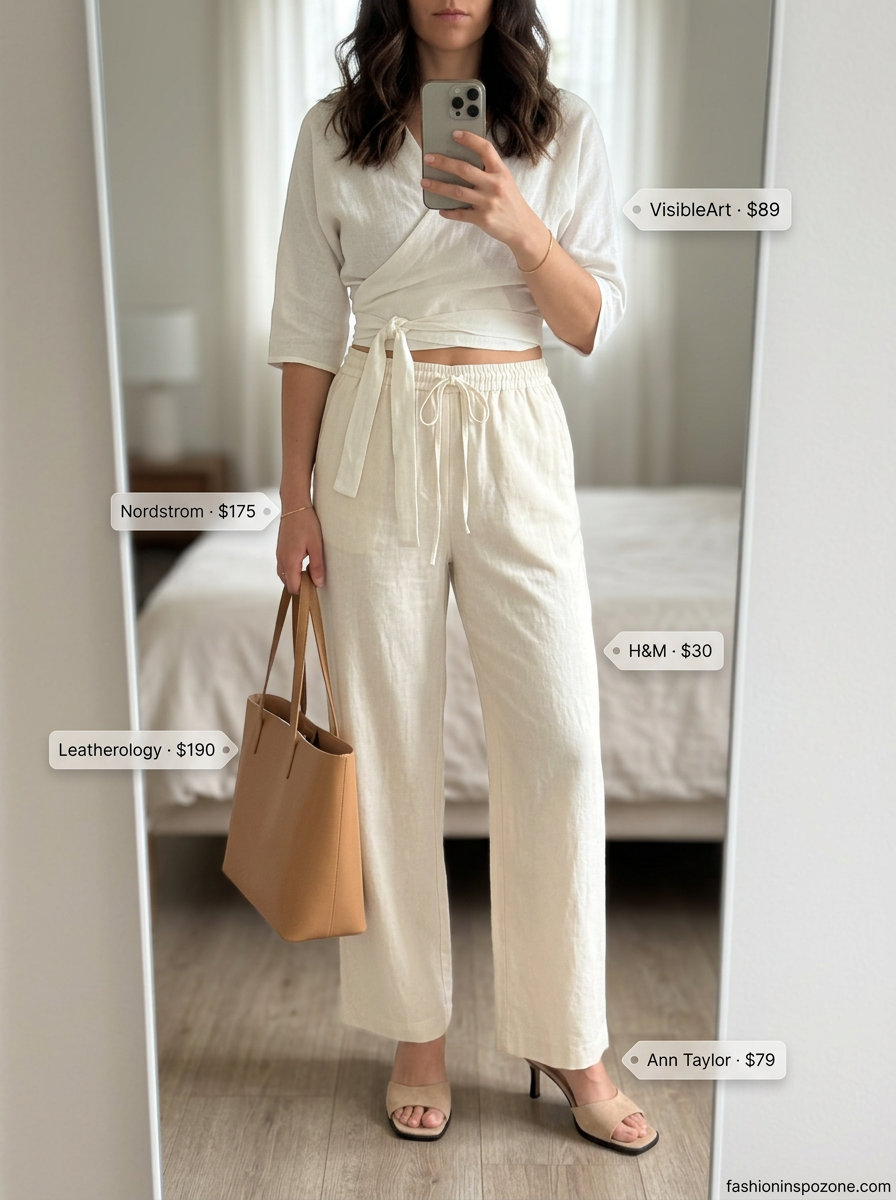 Textured all white linen summer outfits for women 2026: Wrap top, straight-leg pants, block heel mules, tote bag.