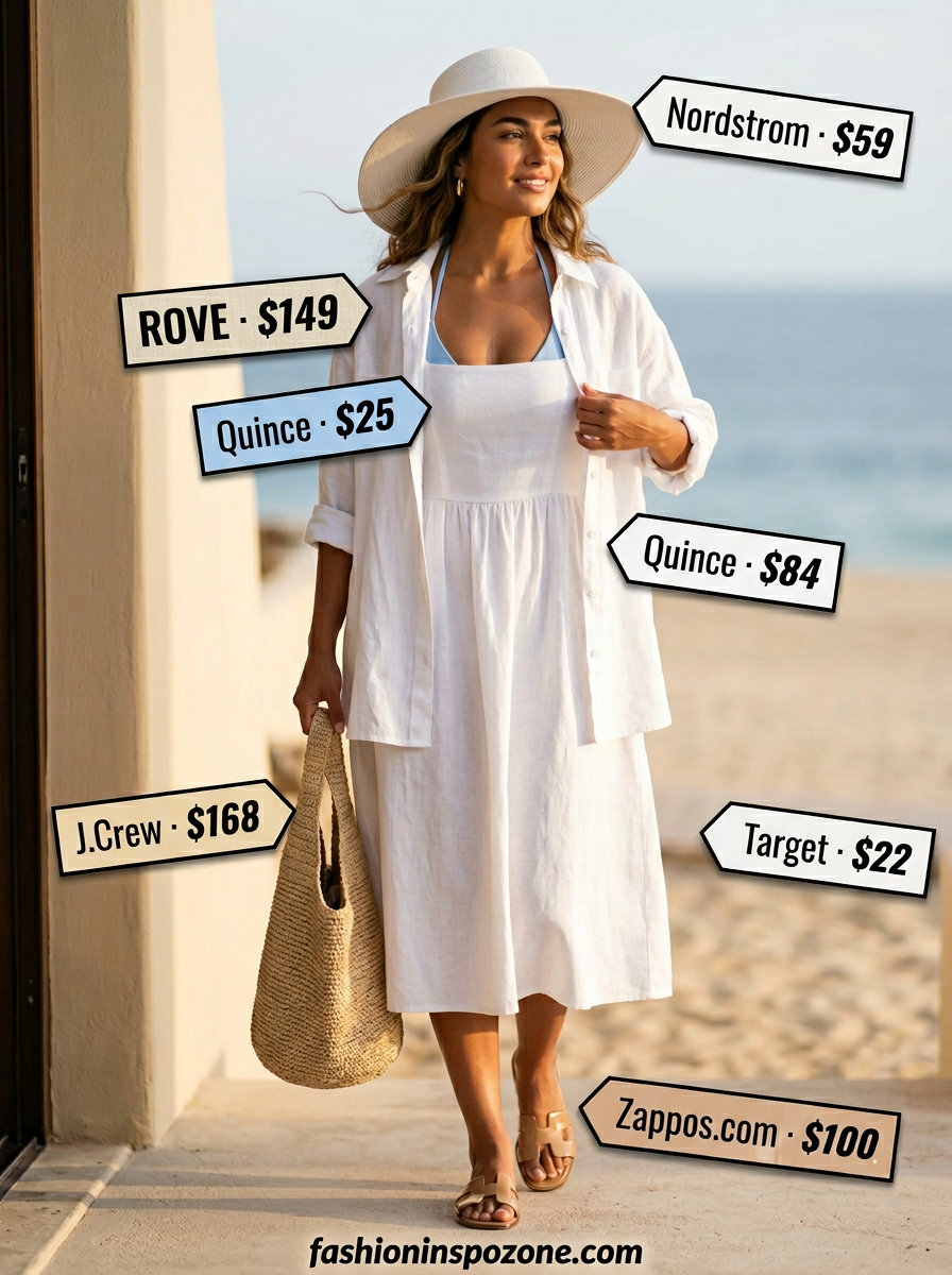 Carefree white linen oversized shirt as a cover-up for women, perfect for beach and poolside. Styled with bikini and straw hat.