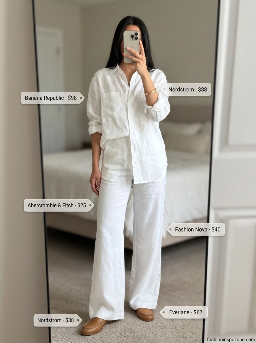 Sophisticated white linen wide-leg pants and oversized shirt for women's summer business casual. Styled with loafers and a satchel.
