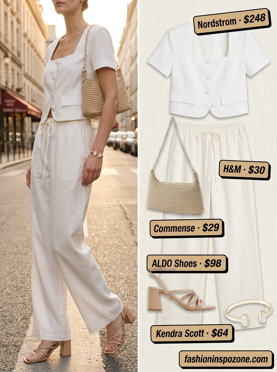 Chic white linen co-ord set for women, perfect for summer events and dinner parties. Styled with heeled sandals and a shoulder bag.