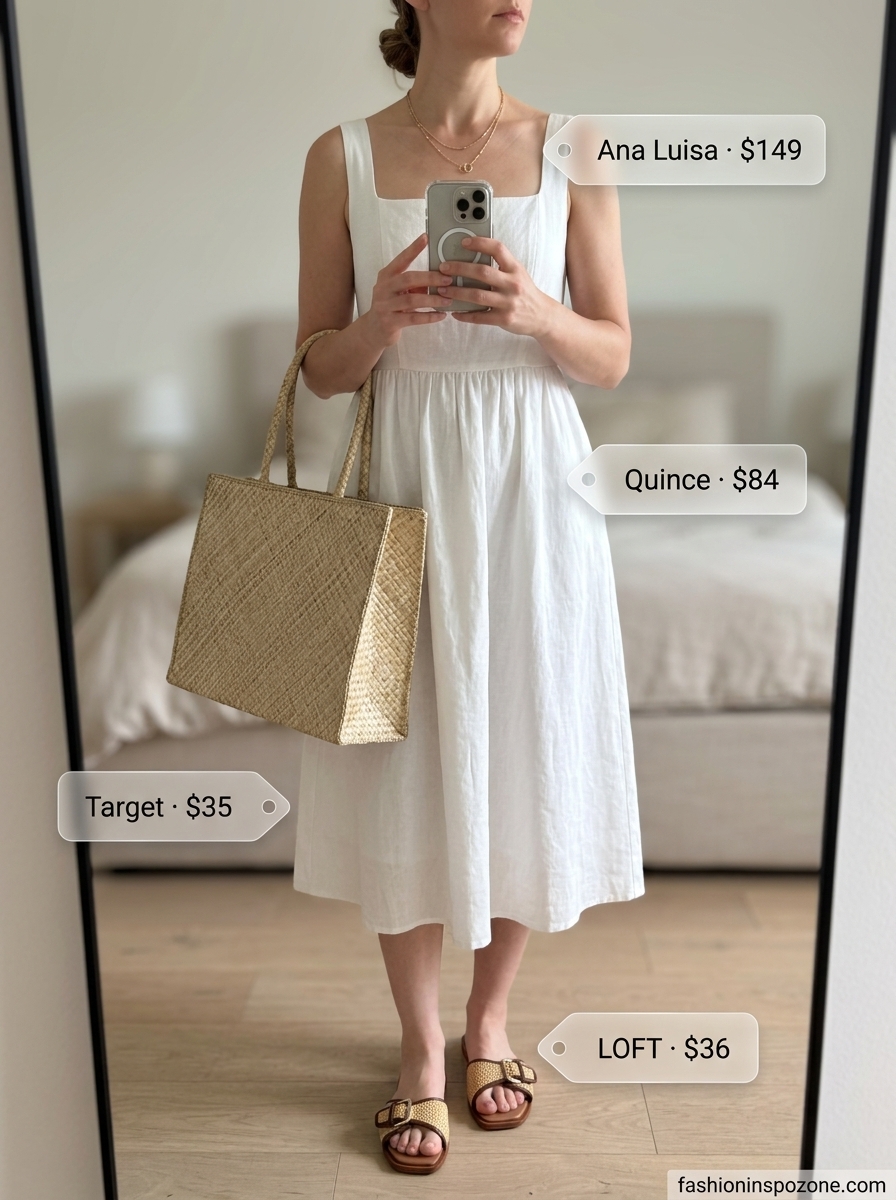 Effortless white linen maxi dress for women, perfect for beach days and casual summer lunches. Styled with flat sandals and a straw tote.