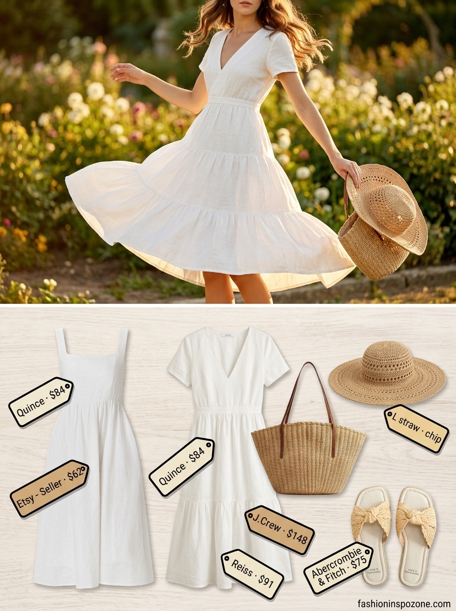 Relaxed white linen tiered midi dress for women, perfect for daytime casual and summer evenings. Styled with espadrille slides and a straw hat.