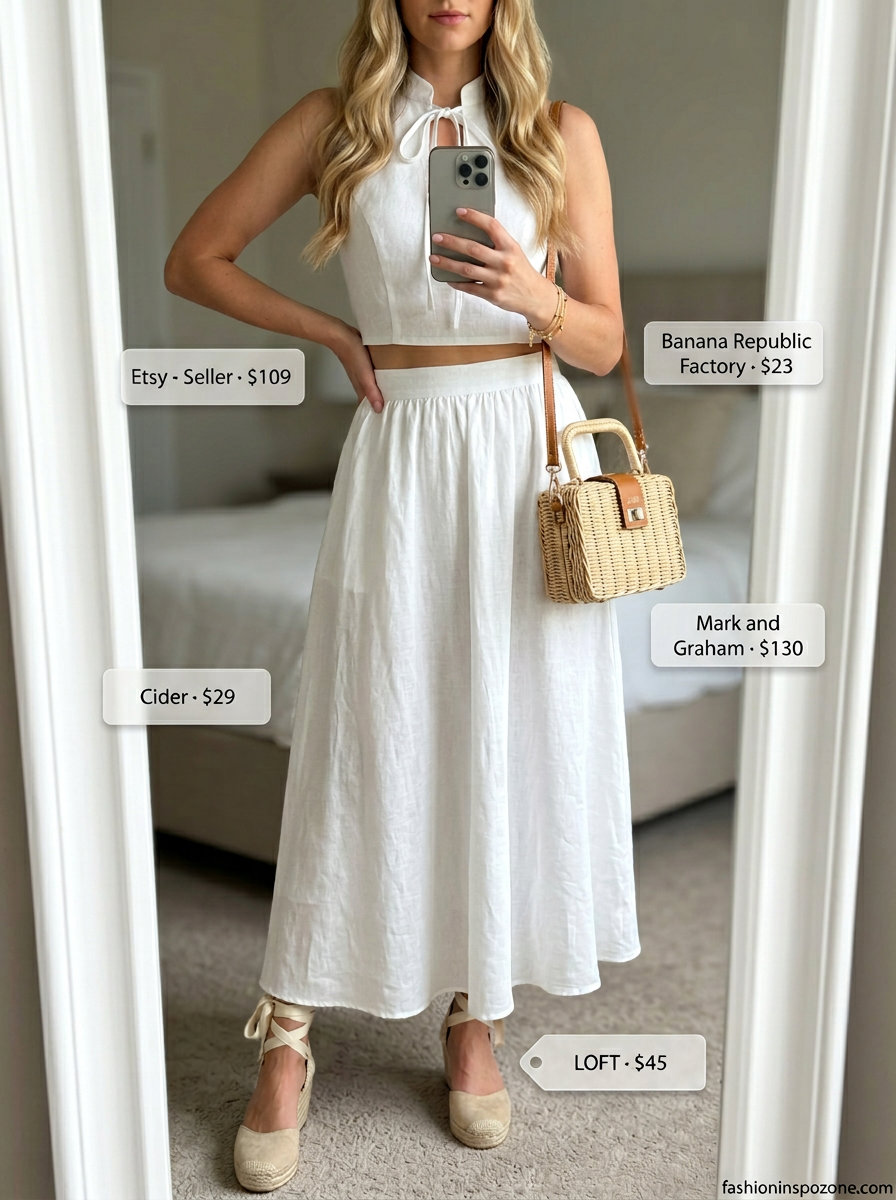 Feminine white linen puff-sleeve crop top and midi skirt set for women, perfect for summer evenings and brunch. Styled with wedges and crossbody bag.
