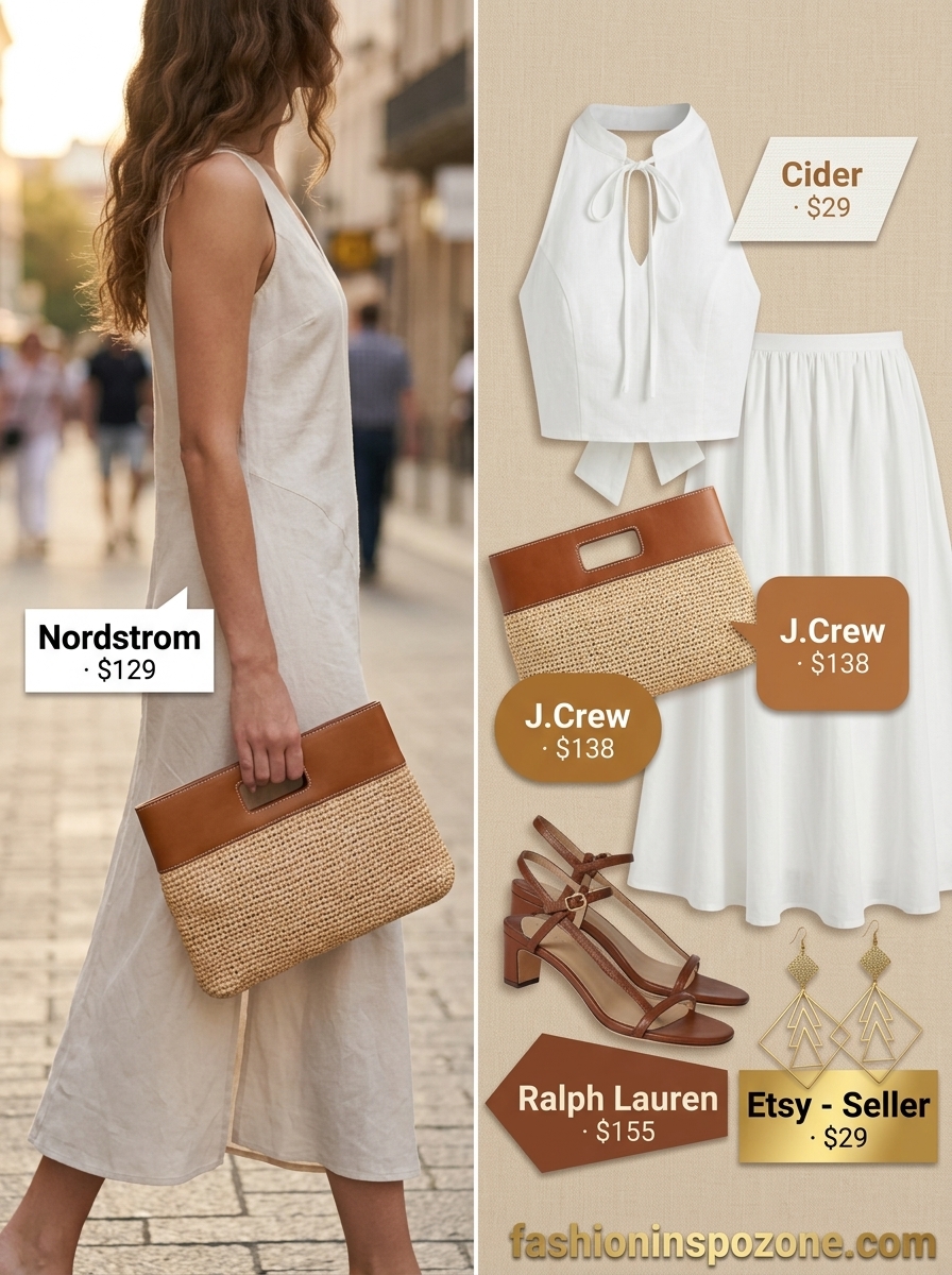 Elegant white linen overlay midi dress for women, perfect for summer weddings and events. Styled with tan sandals and gold jewelry.