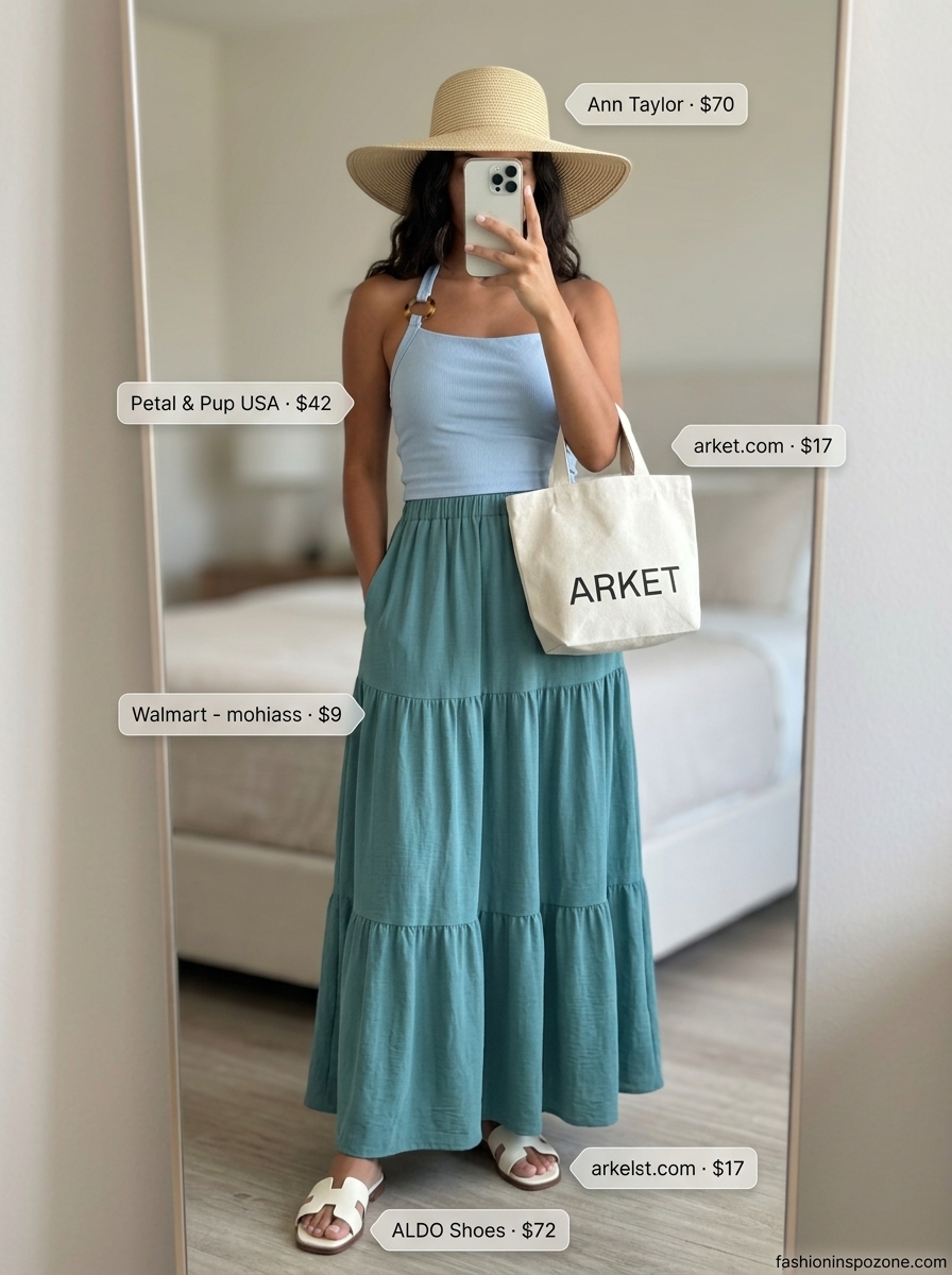 Alternative: Sky blue knit halter top outfits 2026 with teal maxi skirt for a relaxed beach look.