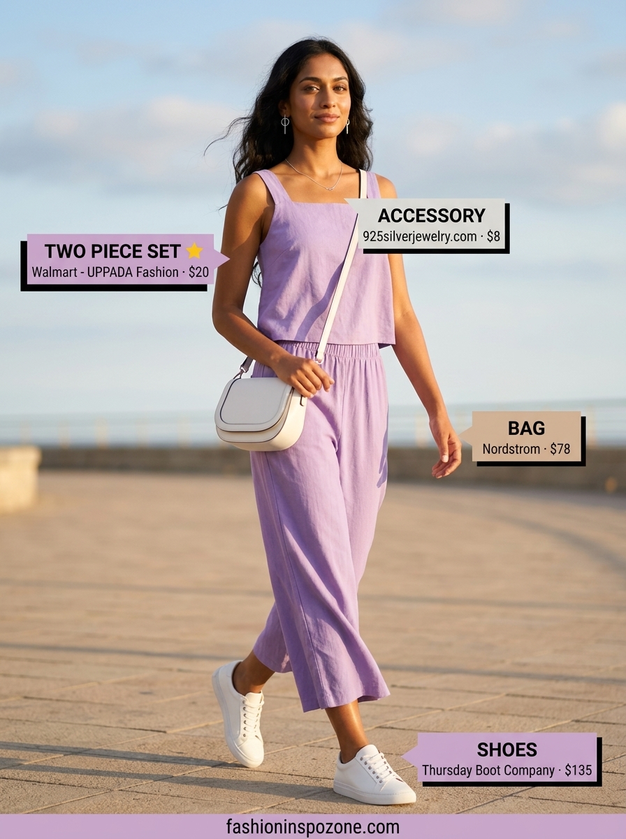 Alternative: Lilac linen set with white sneakers and silver earrings for casual every day summer outfits for women 2026.