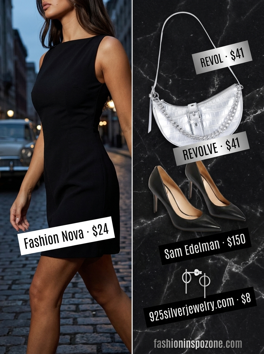 Cute summer dresses 2026: Charcoal wide-leg pants with silver accessories for an evening out.