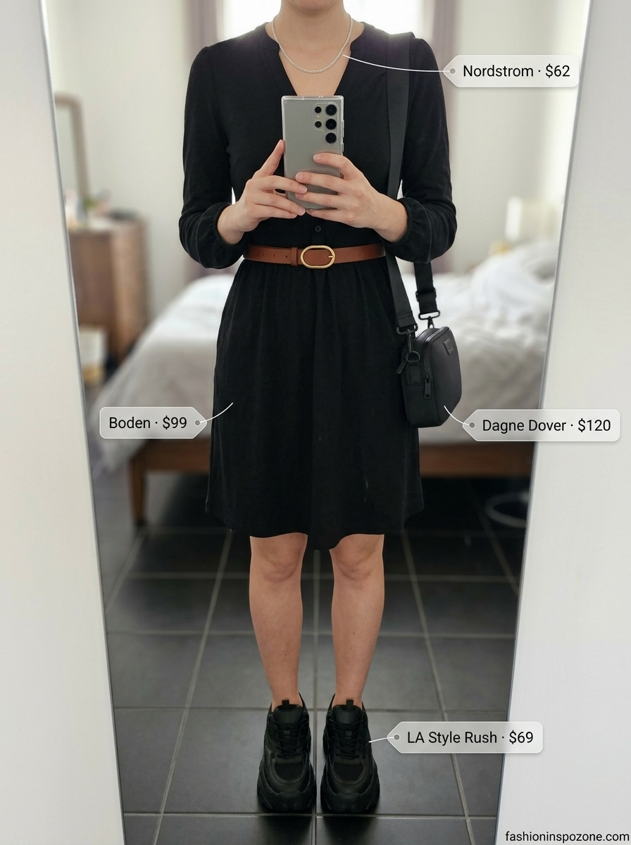 Cute summer dresses 2026: Olive green utility jumpsuit with chunky sneakers and nylon crossbody bag.