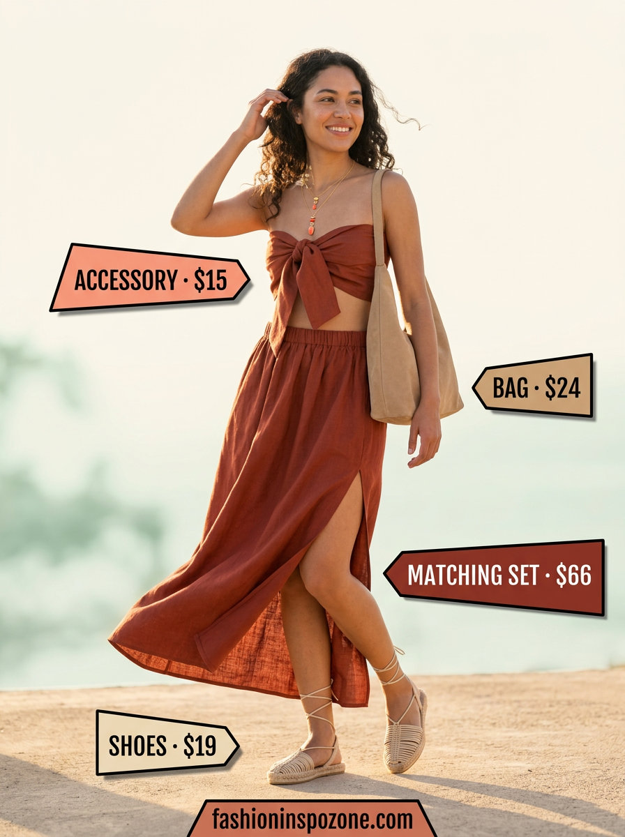 Cute summer dresses 2026: Terracotta linen matching set with espadrilles and layered necklaces for a boho vibe.