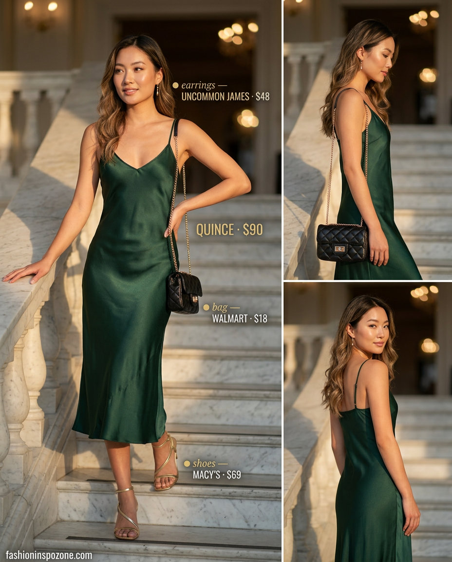 Emerald green silk slip dress alternative for summer garden wedding guest outfits for women 2026. Sophisticated.
