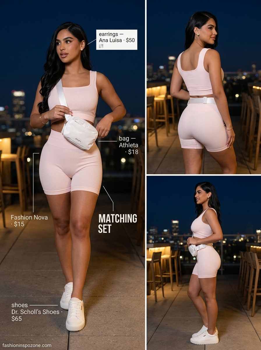 Blush pink biker shorts and crop top set for summer day out outfits for women 2026.