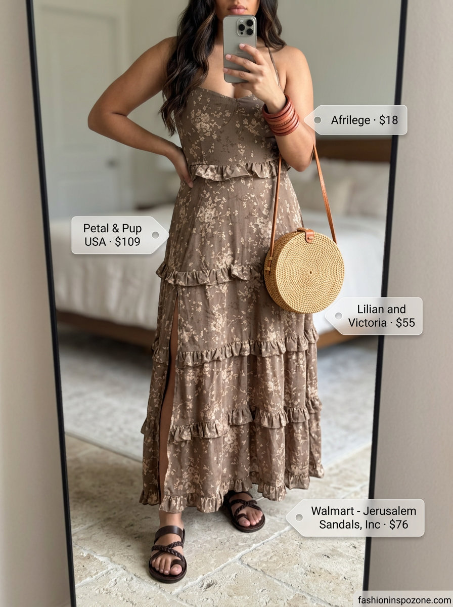 Boho abstract print maxi dress outfit for a summer picnic 2026, with leather sandals and rattan bag.