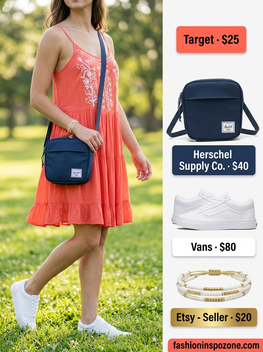 Alternative outfit: coral romper for summer picnic outfits 2026, with white sneakers and navy crossbody.