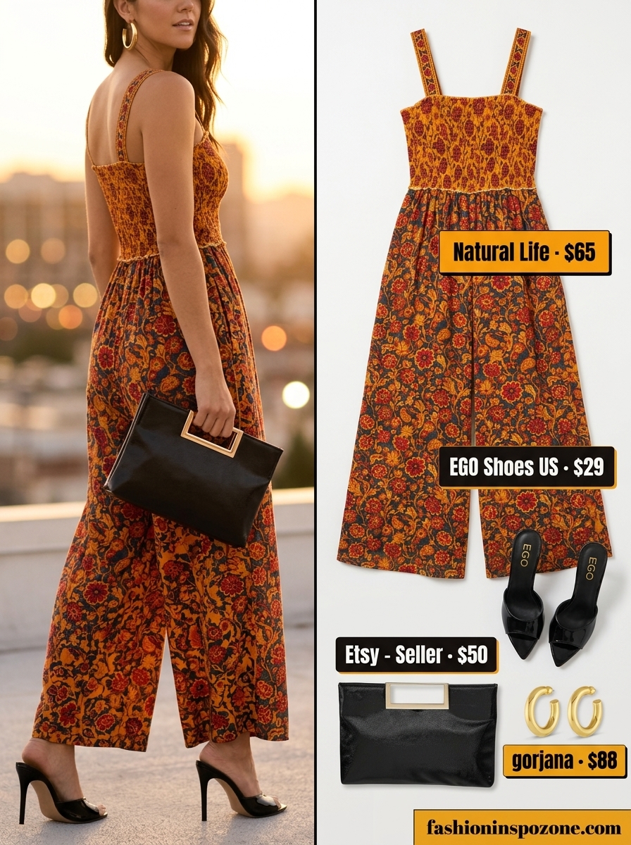 Mango orange dress styled with black heels and clutch. An alternative to summer wide leg jumpsuit outfits for women 2026.