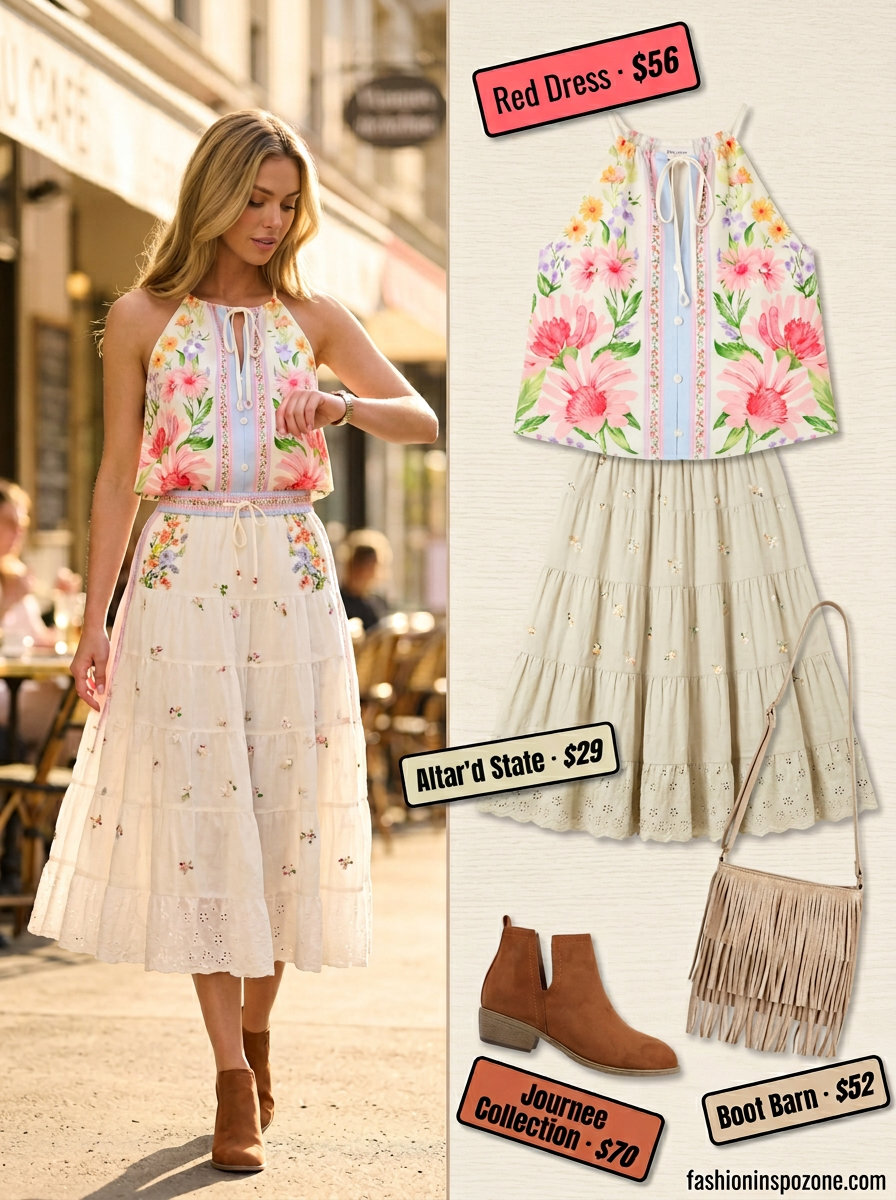 Boho floral backless summer halter top outfits 2026 with tiered skirt and suede boots for festivals.