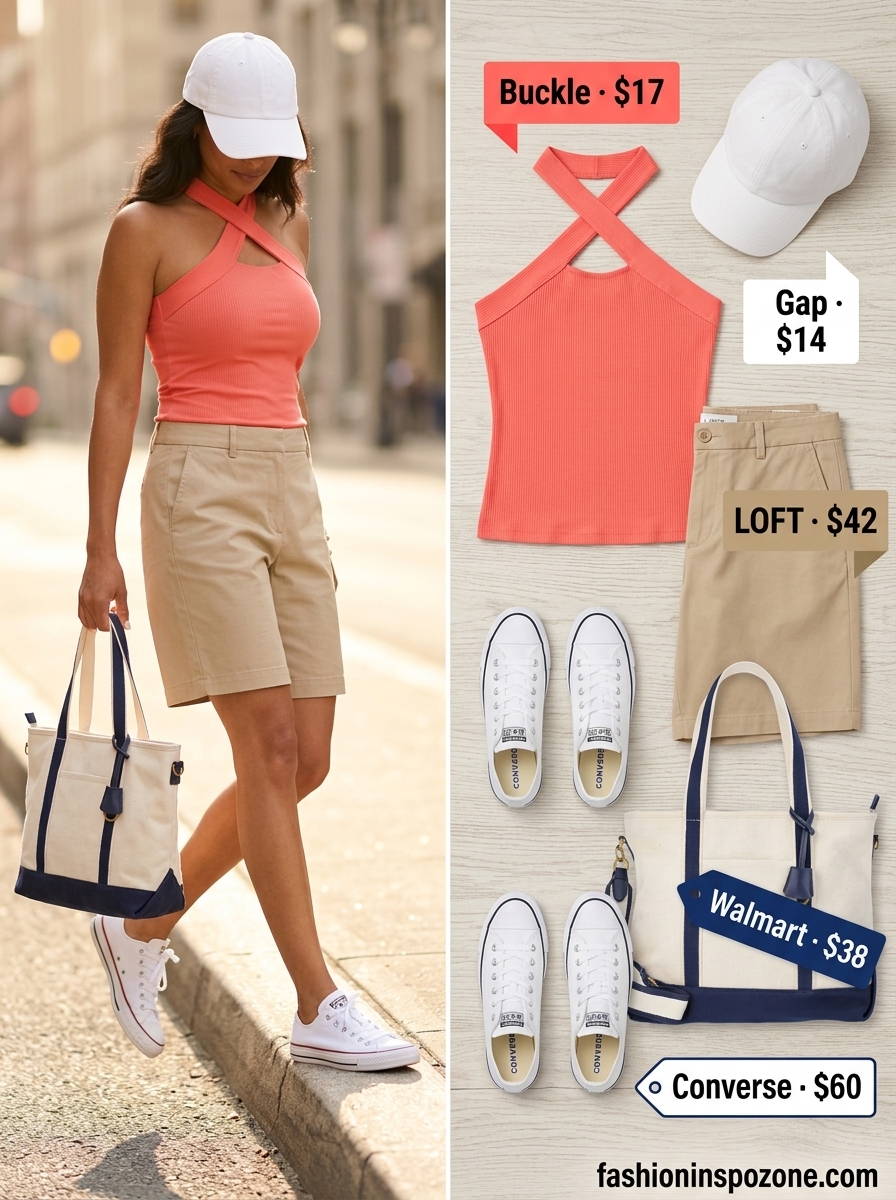 Casual coral backless summer halter top outfits 2026 with khaki shorts, white cap and sneakers for errands.
