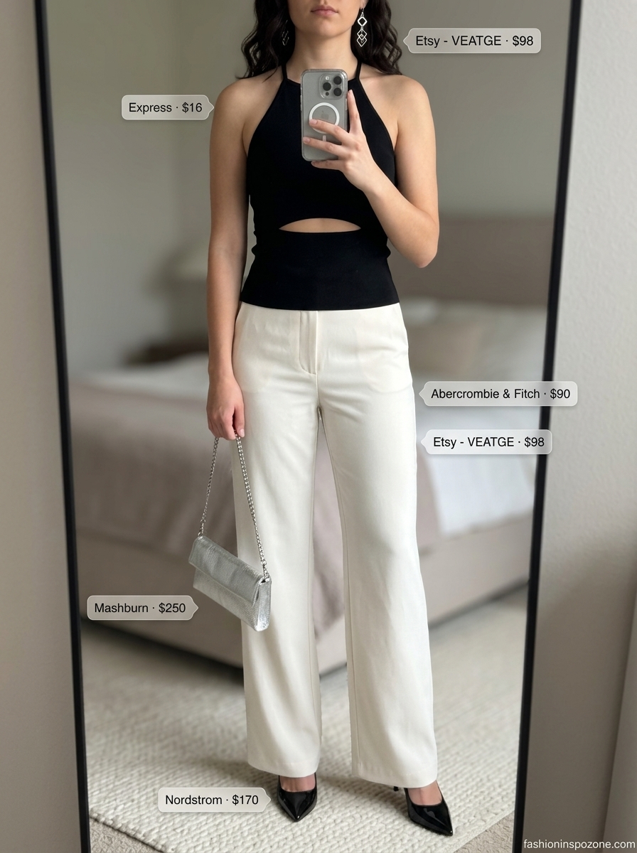 Sophisticated black backless summer halter top outfits 2026 with white wide-leg trousers and silver accessories for an evening event.