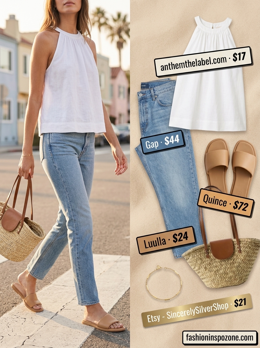 Relaxed white backless summer halter top outfits 2026 with denim jeans and straw tote for a coastal vibe.