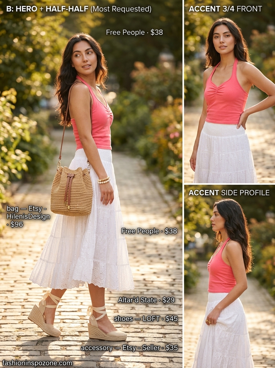 Coral halter crop top with white midi skirt for a vibrant summer brunch outfit 2026.
