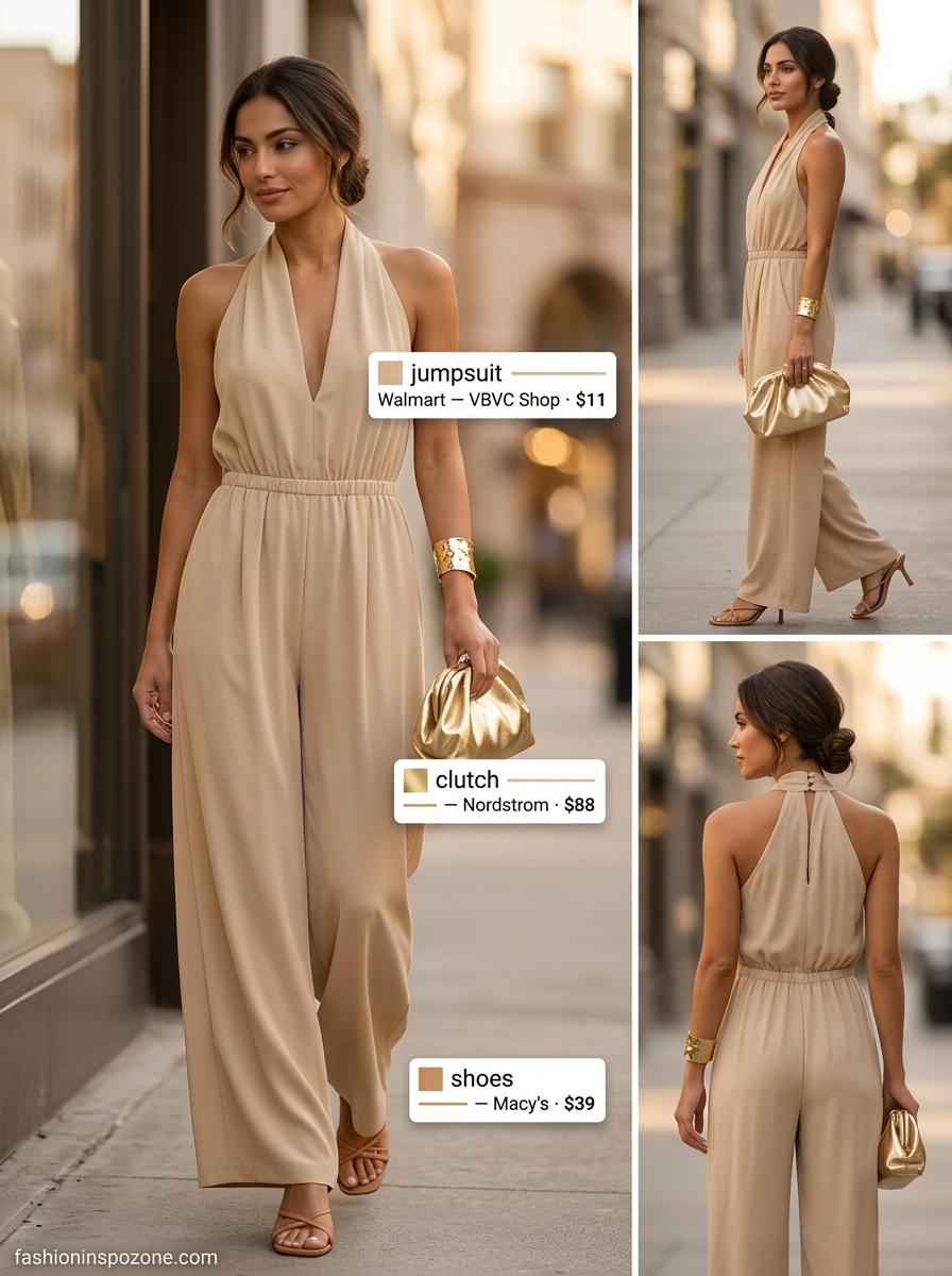 Sandy beige halter jumpsuit for a chic summer evening soiree outfit 2026.