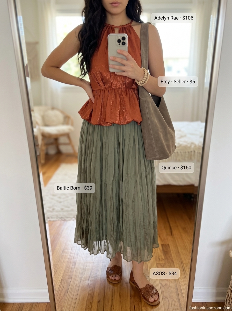 Earthy rust orange backless summer halter top outfits 2026 with olive midi skirt and suede bag for festivals.