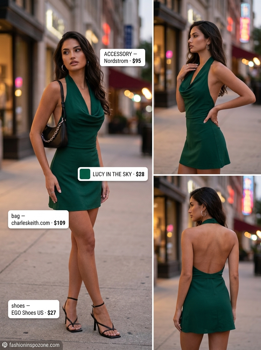 Emerald green satin halter mini dress for a glamorous cocktail party outfit 2026.