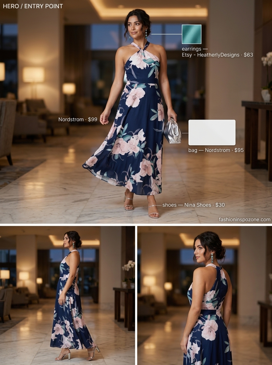 Navy floral print halter maxi dress for an elegant summer wedding guest outfit 2026.