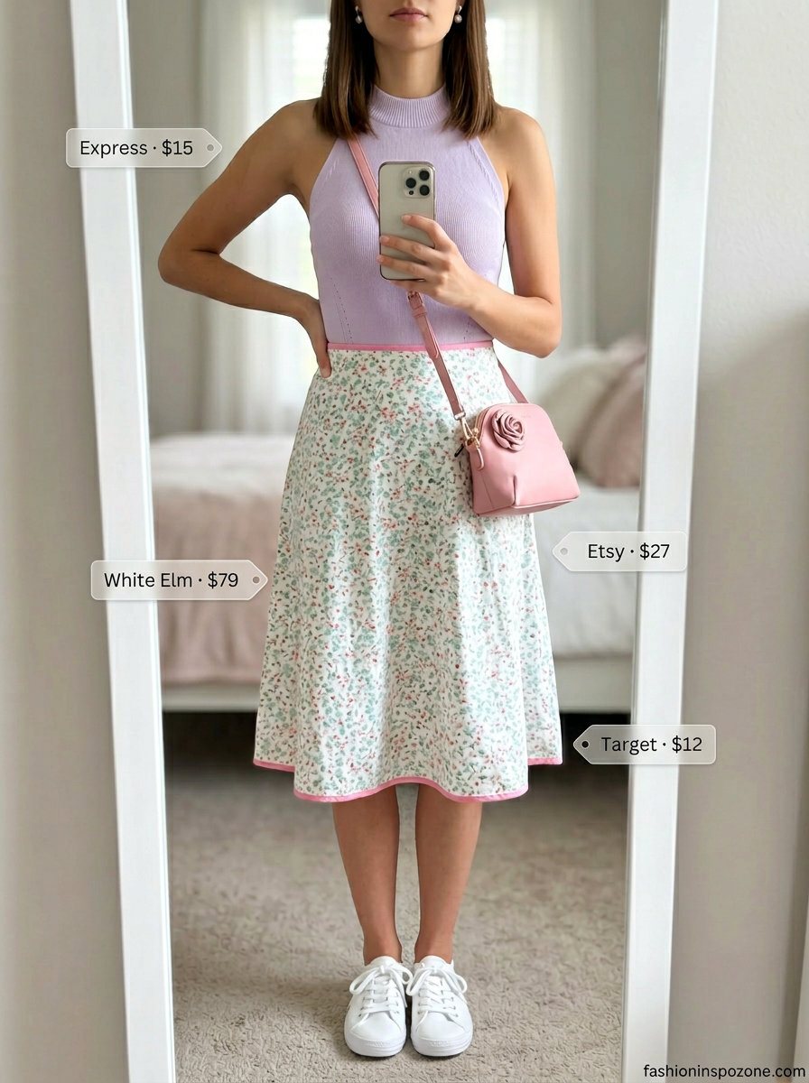 Lilac ribbed knit halter top with floral midi skirt, white sneakers for a sweet summer picnic outfit 2026.