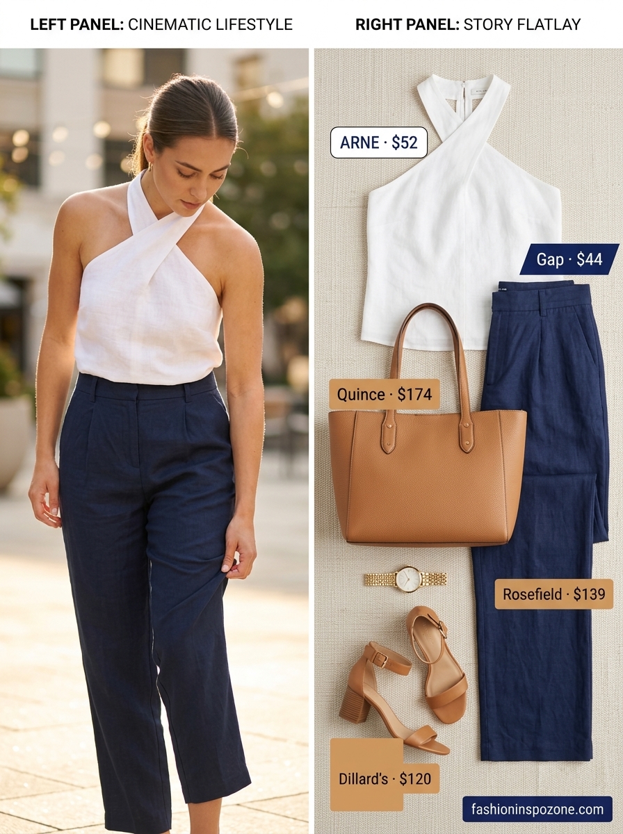 Sophisticated white backless summer halter top outfits 2026 with navy linen pants and tan sandals for day outings.
