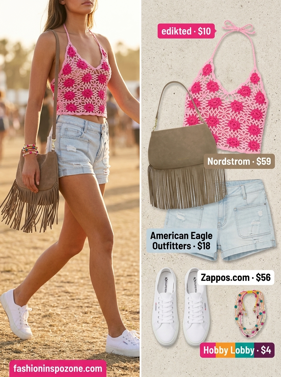 Multi-color crochet backless summer halter top outfits 2026 with denim shorts for festivals.