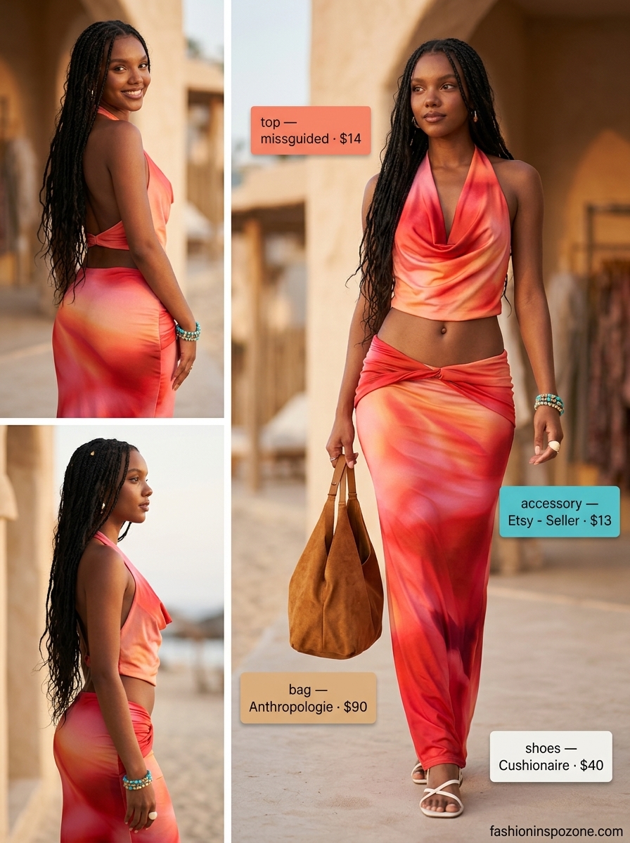 Gradient sunset halter top and skirt set for a warm resort wear outfit 2026.