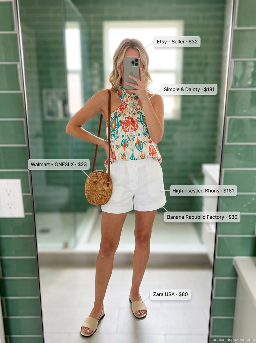 Playful floral backless summer halter top outfits 2026 with linen shorts and straw bag for beach dinners.